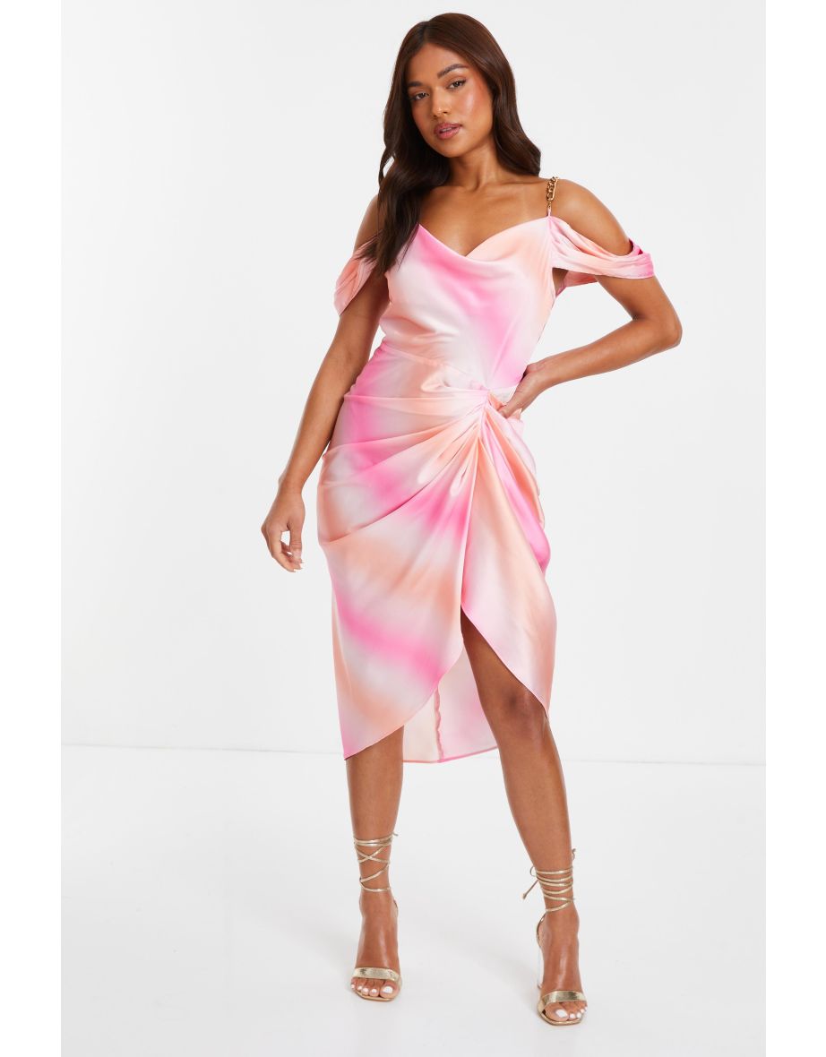 Petite Pink Ombre Satin Cold Shoulder Dress