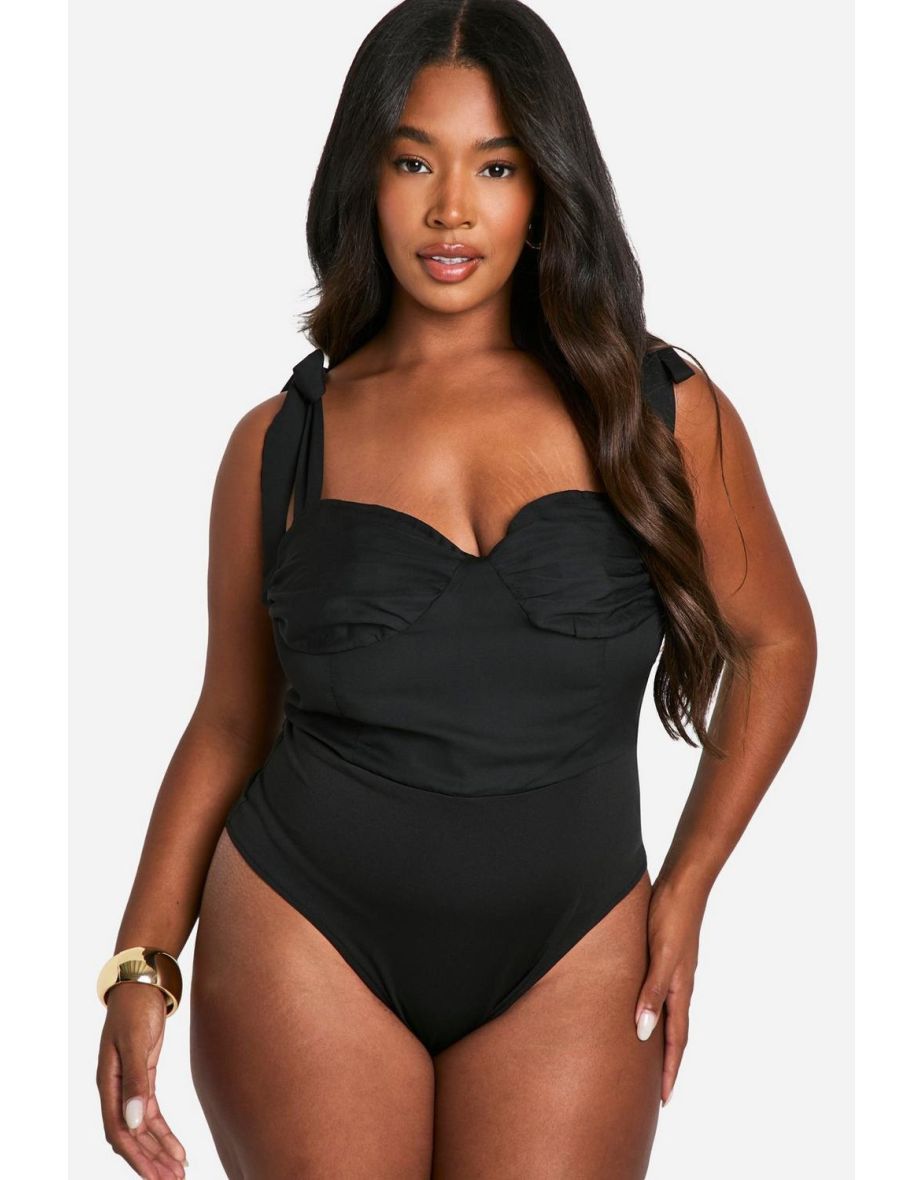 Plus Tie Shoulder Ruched Bodysuit - black - 3