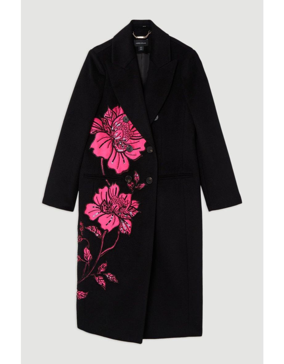 Wool Blend Satin Applique Embellished Double Breasted Tailored Midi Coat - 3