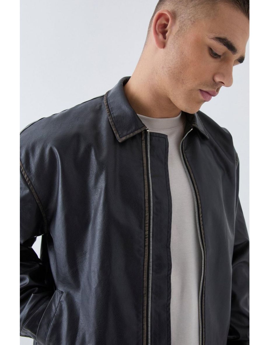 Man Tab Boxy Washed Pu Harrington Jacket In Black - 2
