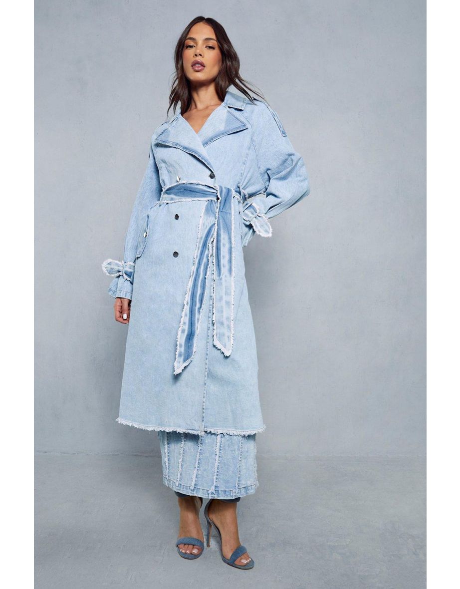 Distressed denim shop trench coat