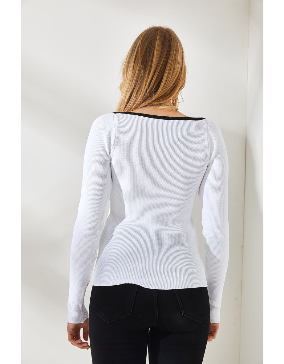 Women's White Black Collar Crop Knitwear Blouse - 4
