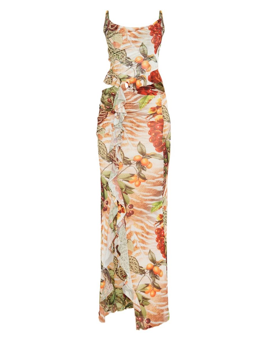 Green Mesh Fruit Print Cut Out Frill Midaxi Dress - 4