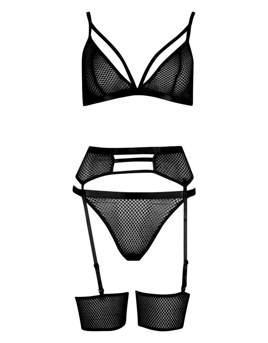 Mesh Strapping Bralet Thong & Suspender Set - black