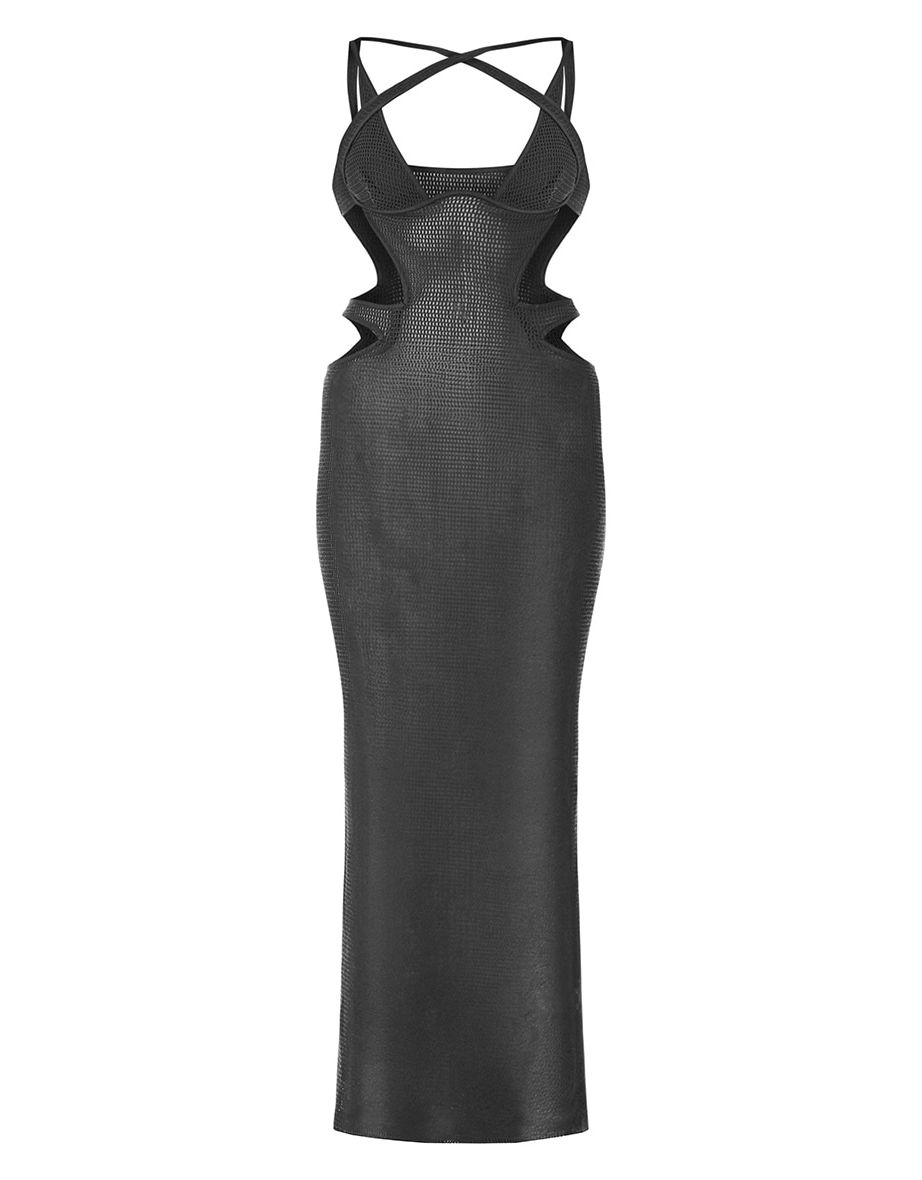 PLT Label Navy Textured Sheer Cut Out Detail Maxi Dress - 4