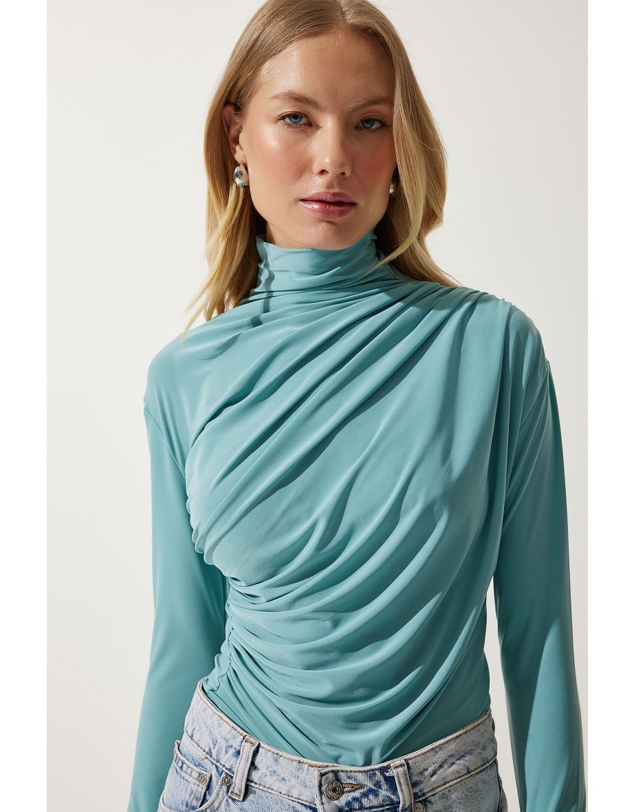 Women's Aqua Green Gathered Detailed High Neck Sandy Blouse - 4