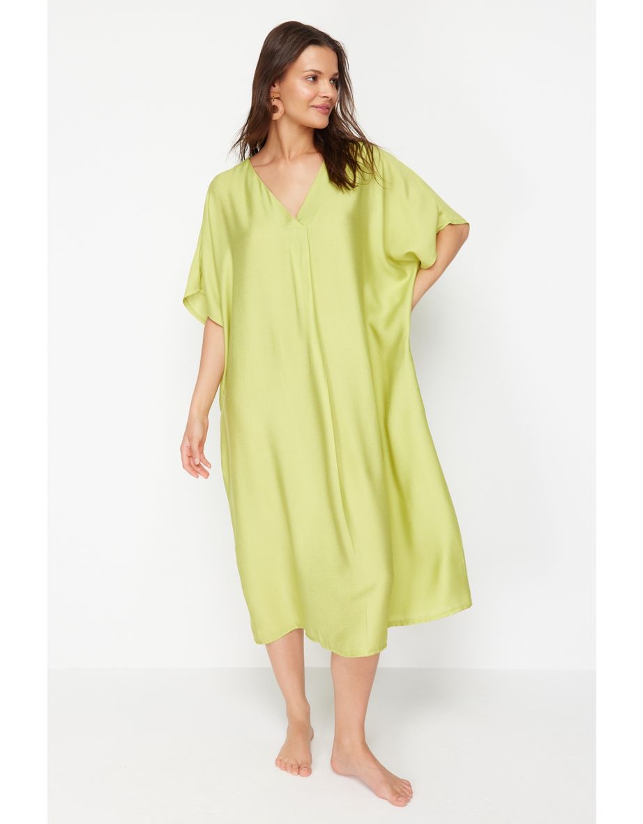 Oil Green Wide Mold Woven Beach Dress