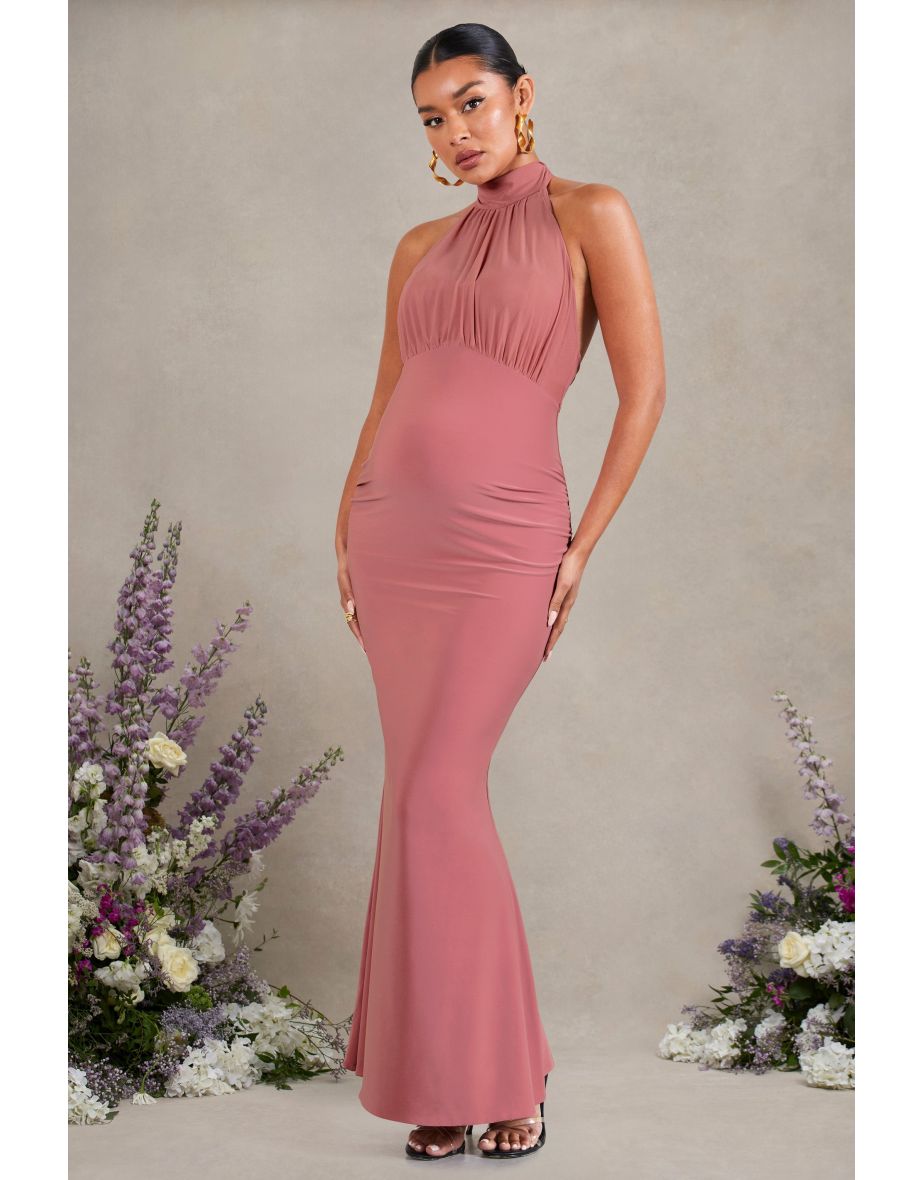 In My Heart | Blush Pink Mesh Halter-Neck Sleeveless Maternity Maxi Dress - 4
