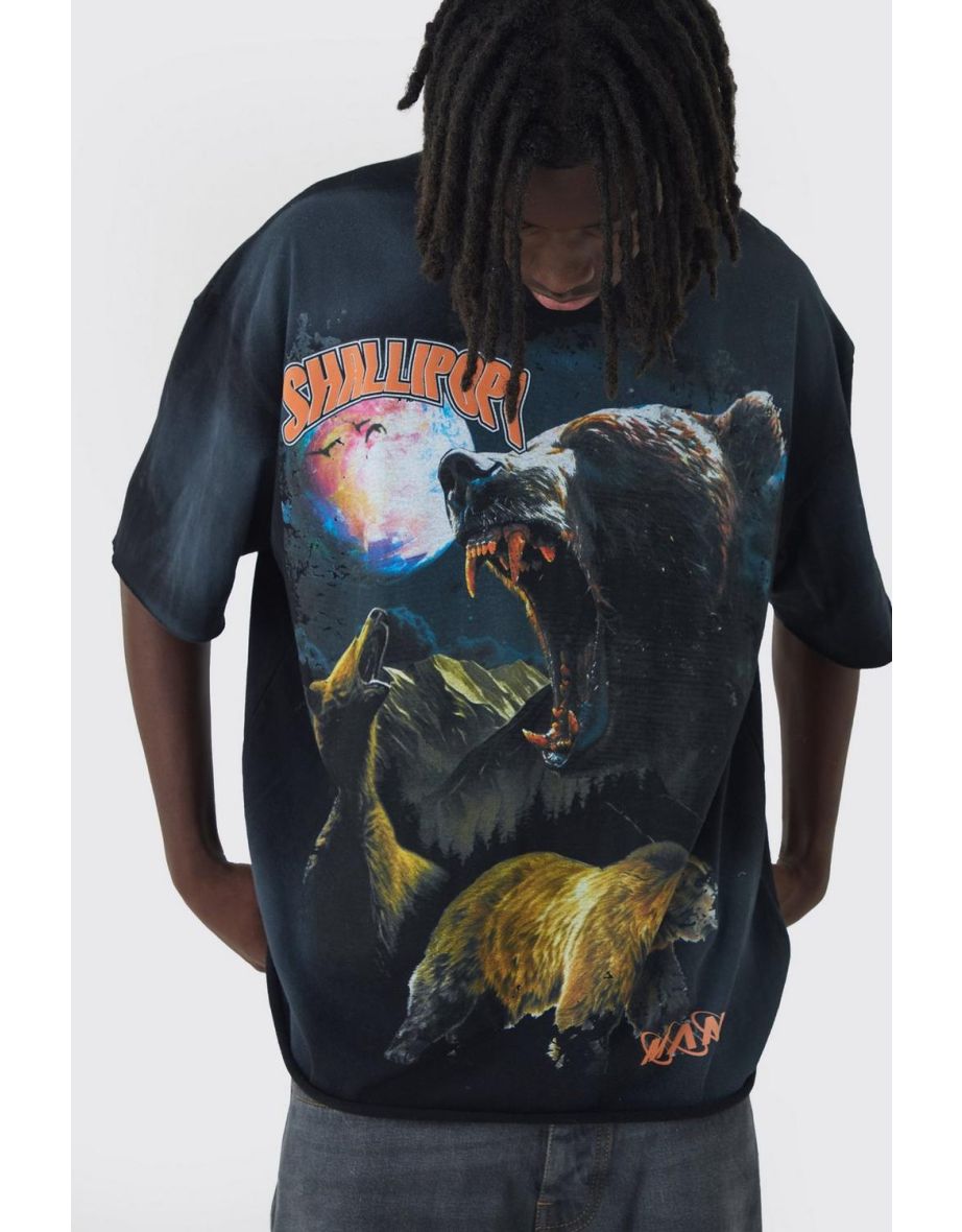 Oversized Extended Neck Bear Washed T-shirt - black