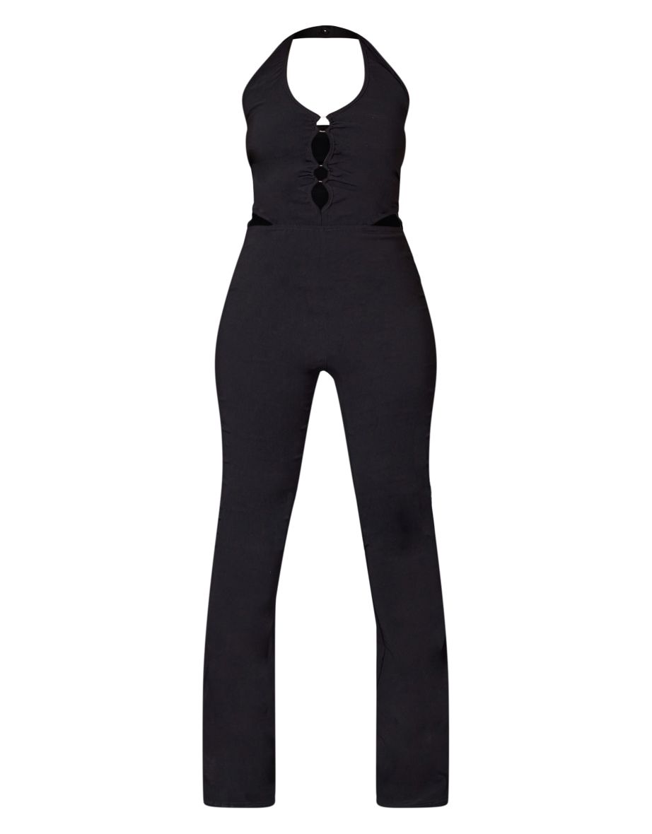 Shape Black Stretch Woven Halterneck Ring Detail Flared Jumpsuit - 4