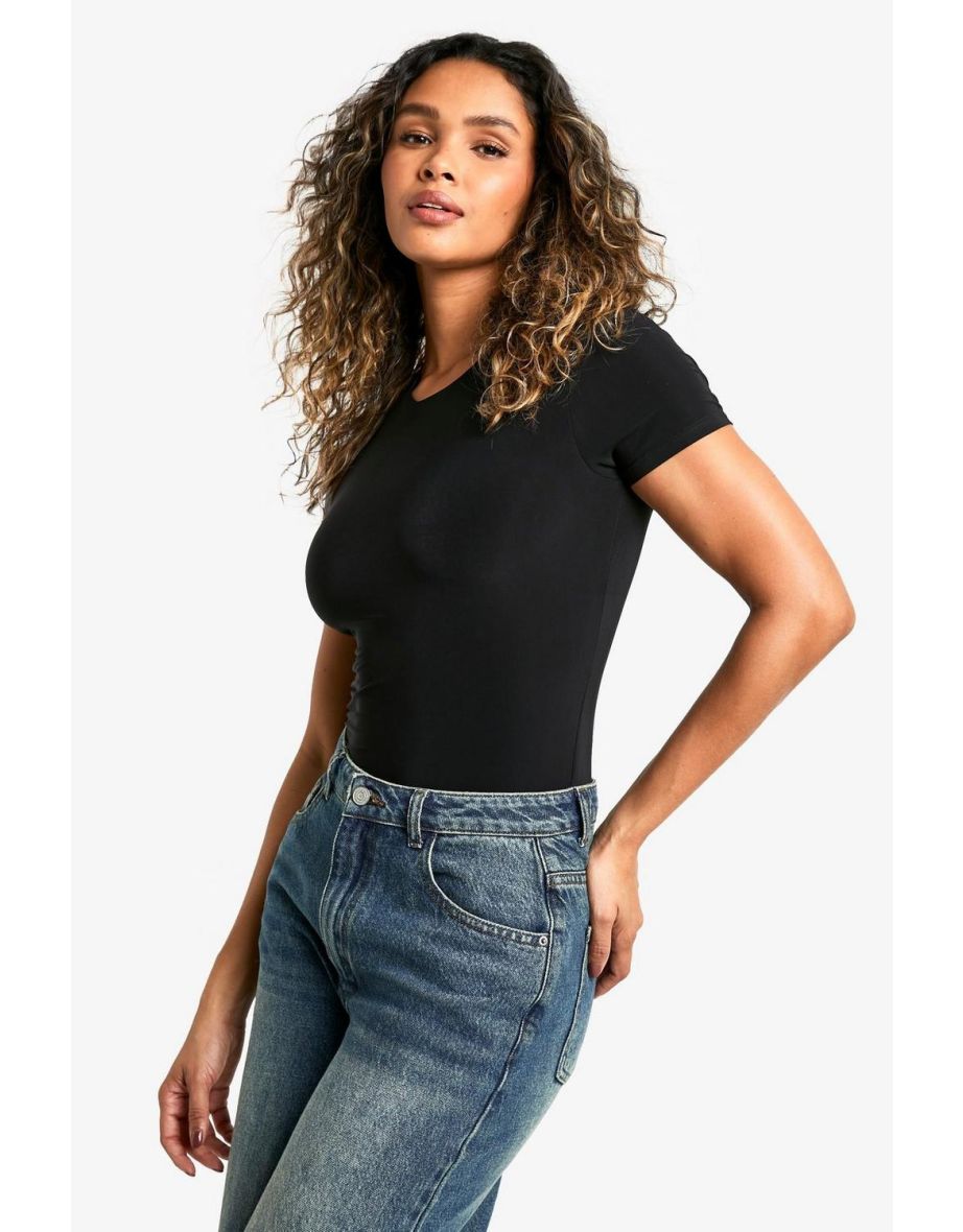 Double Layer Slinky Short Sleeve Bodysuit - black - 3