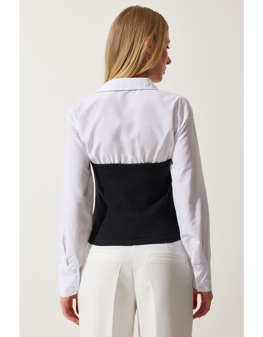 Women's White Black Polo Collar Color Block Shirt Blouse - 6