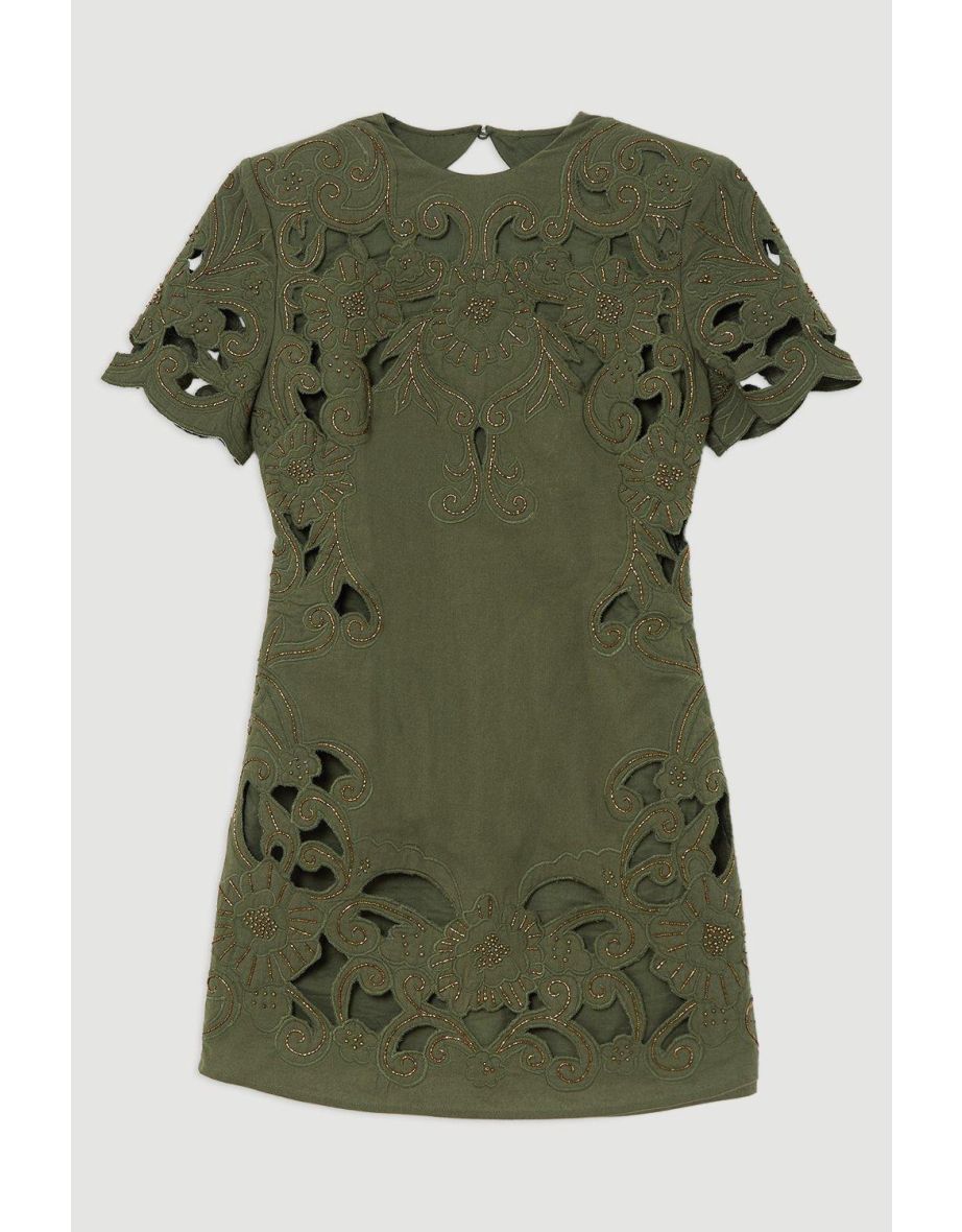Cotton Quilted Cutwork Beaded Woven Mini Dress - 3
