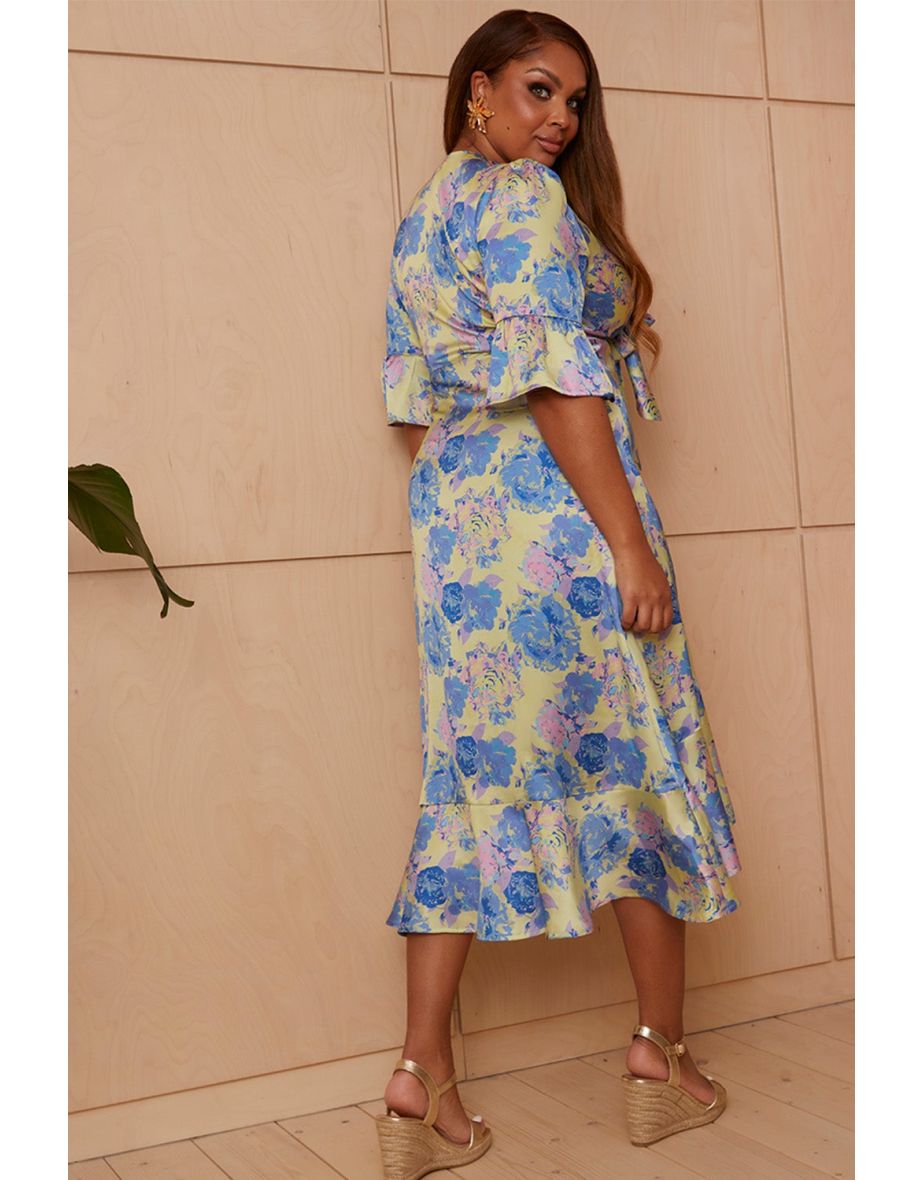 Short Sleeve Tie Front Floral Midi Dress in Yellow - 8