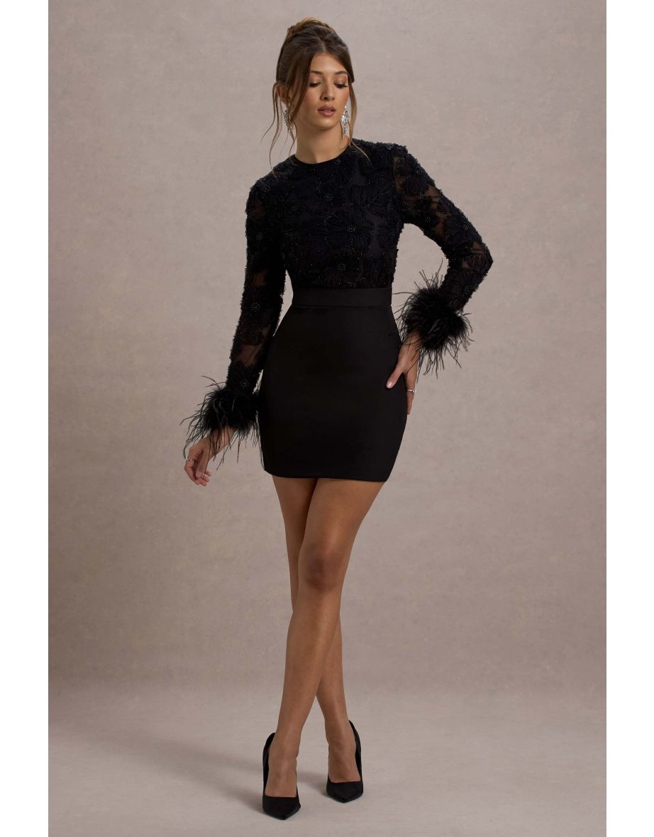 Charli | Black Mesh Long-Sleeve Feather-Trim Mini Dress - 5