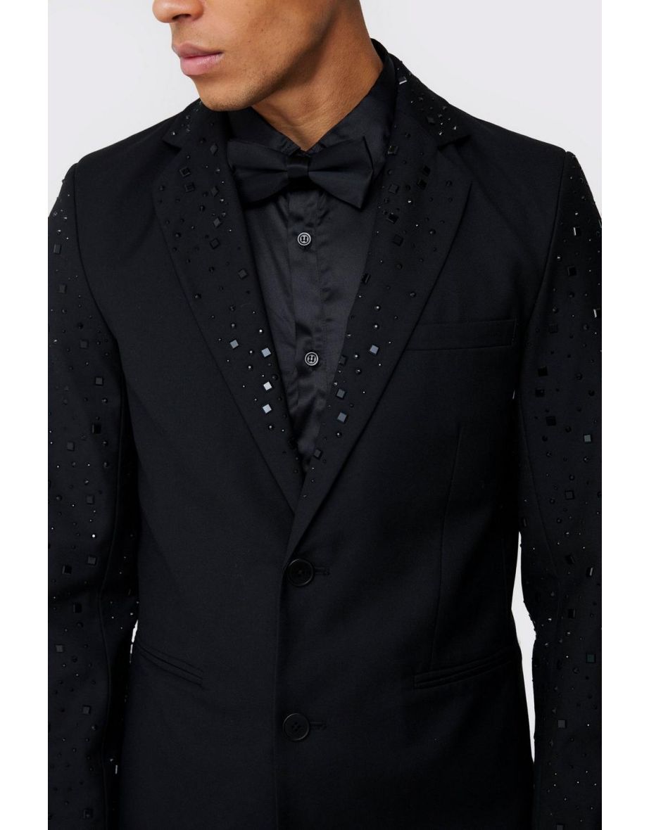 Rhinestone Sleeve Slim Fit Blazer - black - 3