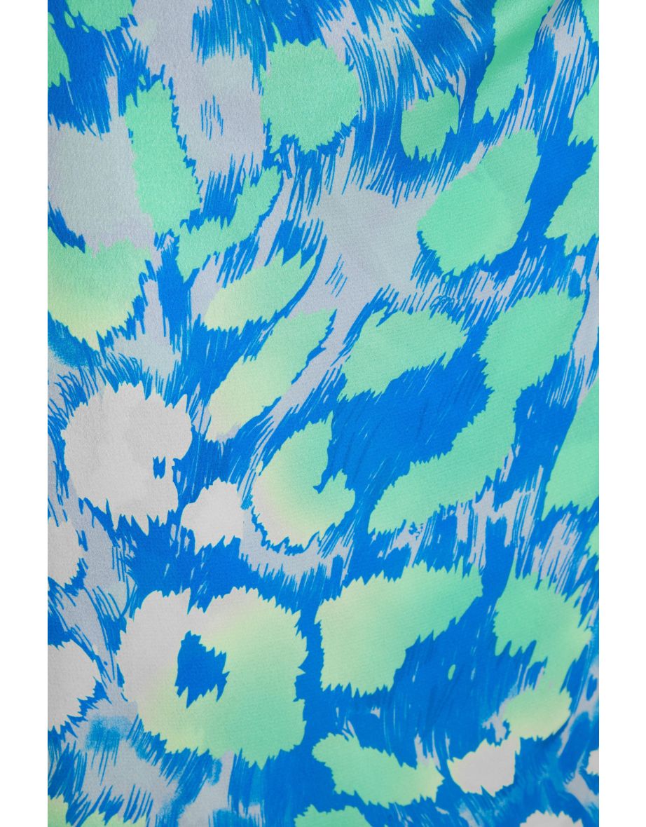 Blue Leopard Print Satin Wrap Midi Skirt - 5