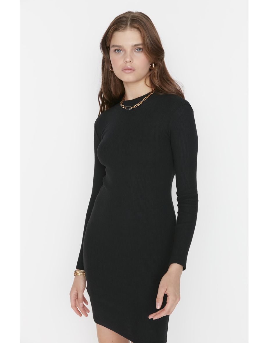 Black Bodycon Mini Jumper Dress with Long Sleeves
