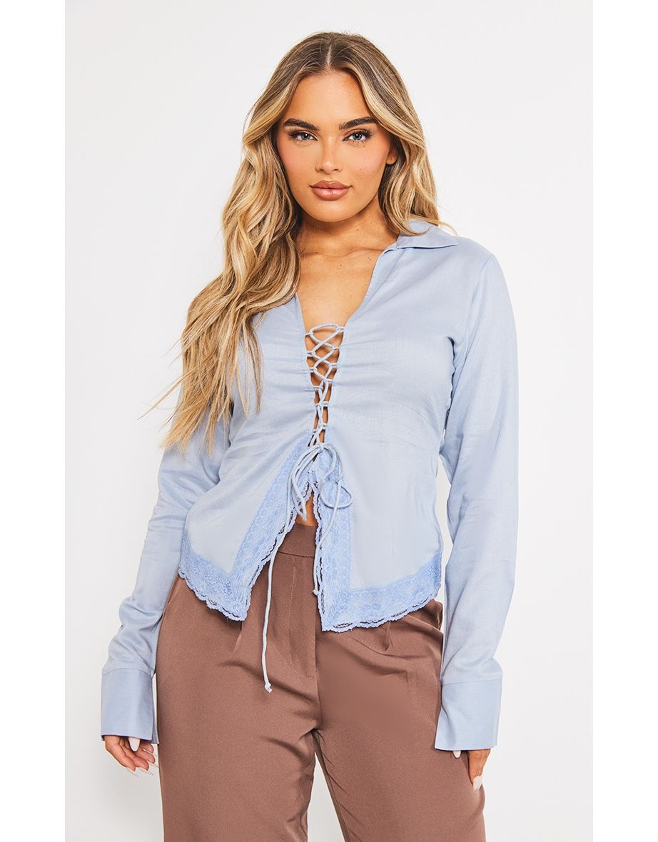 Blue Grey Lace Trim Lace Up Shirt