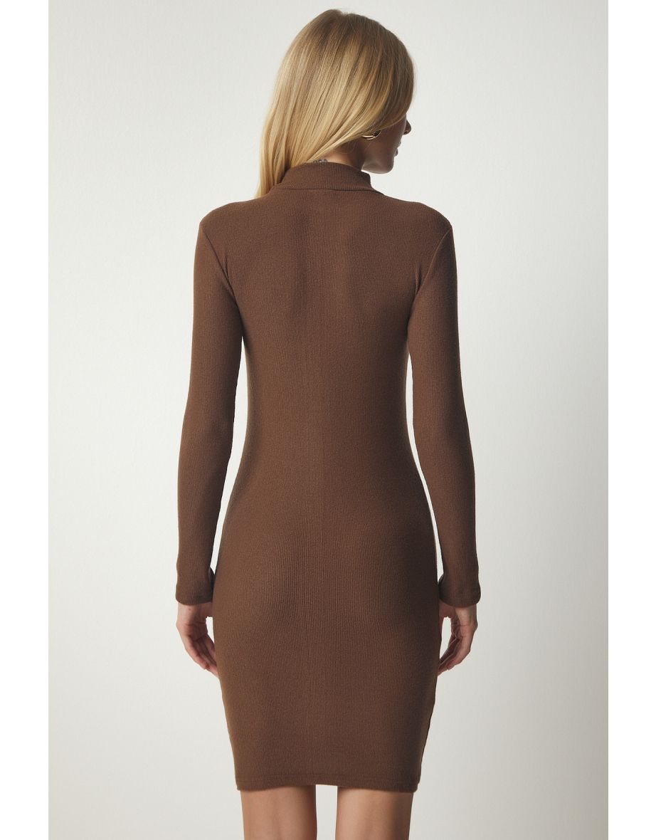 Brown Bodycon Mini Jumper Dress with Long Sleeves - 3