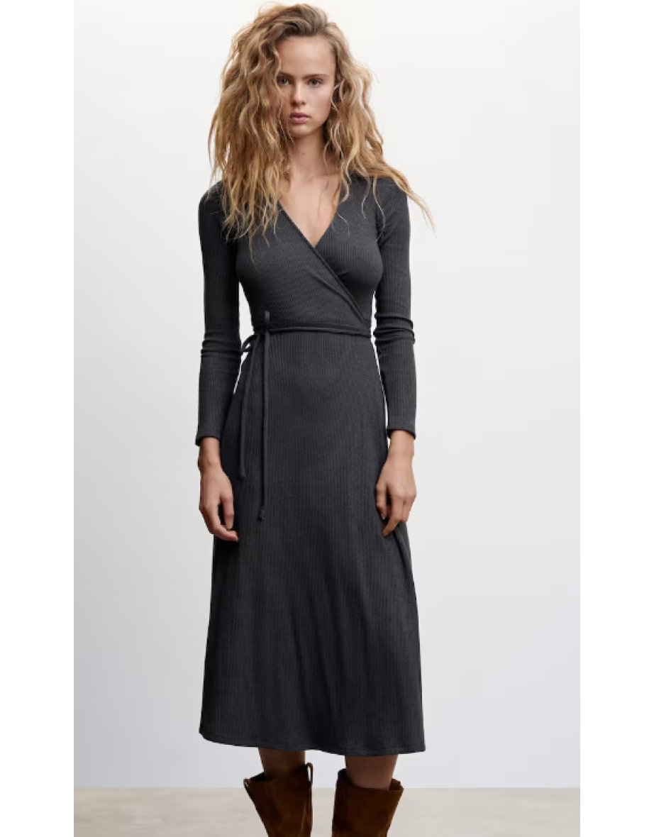 Grey A Line Midaxi Wrap Dress with Long Sleeve