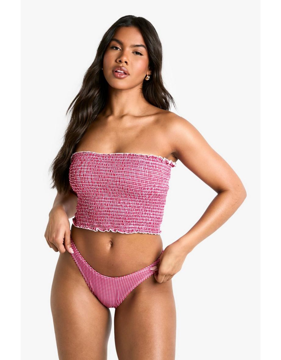 Gingham Seersucker Tankini Bikini Top & High Leg Bikini Bottoms Set - red