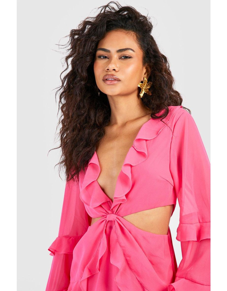 Ruffle Detail Cut Out Chiffon Maxi Dress - bright pink - 3