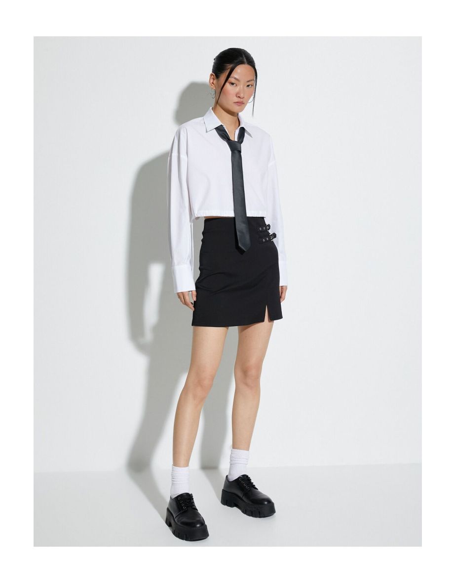 Crop T-Shirt Elastic Waist Long Sleeve Buttoned Cuff Collar Cotton Poplin