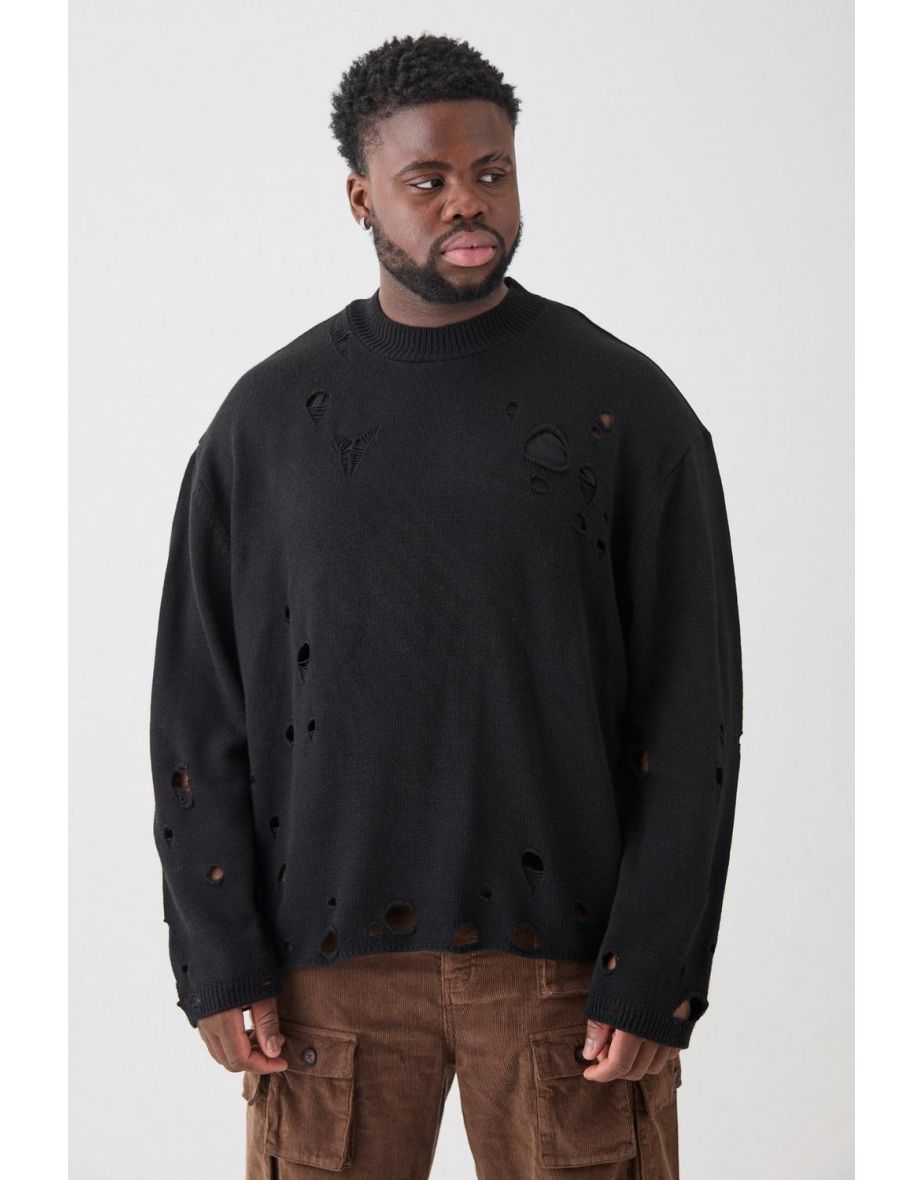 Shop Plus Oversized Distressed Drop Shoulder Knitted Jumper In Kh khaki Online in Bahrain VogaCloset