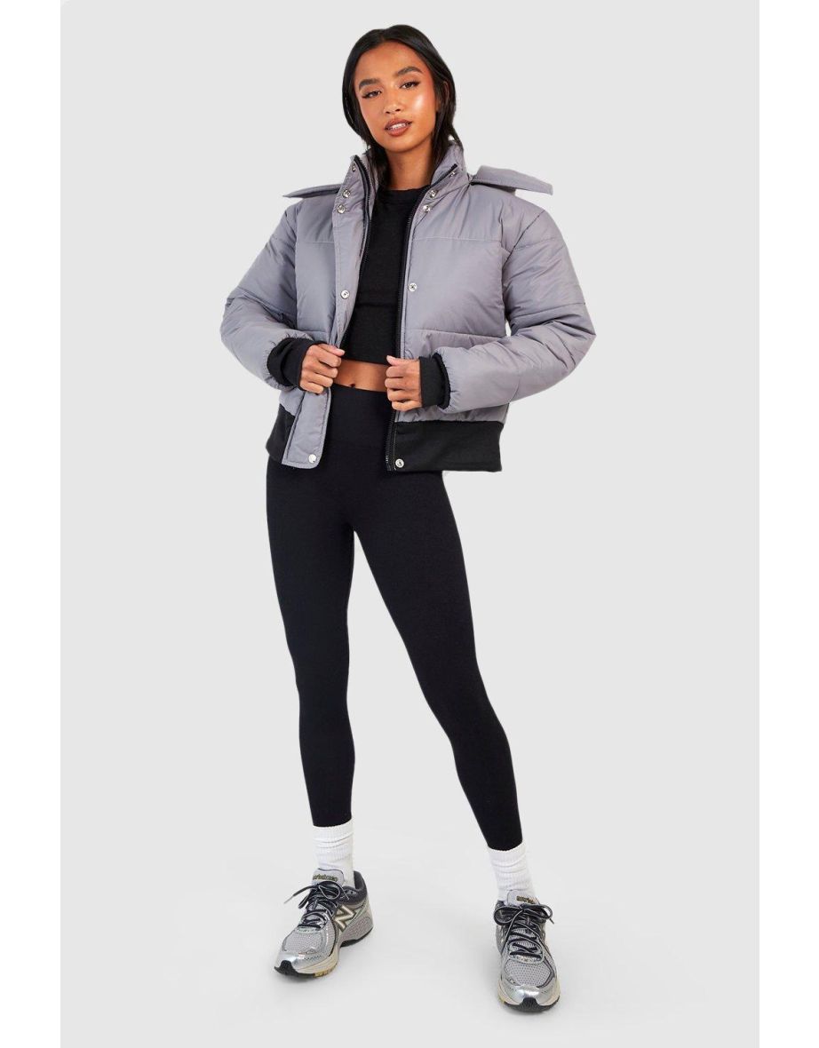 Petite Funnel Neck Rib Detail Puffer Jacket - stone