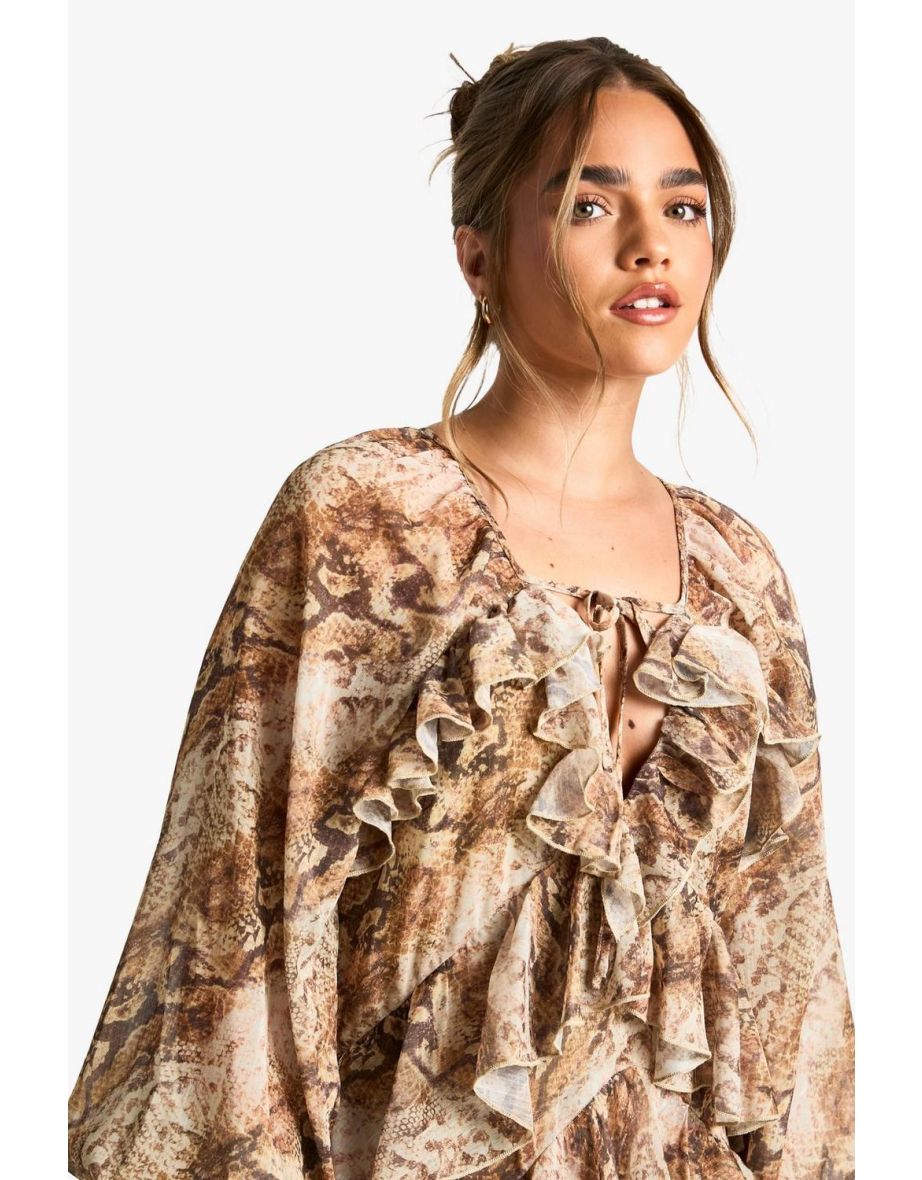 Petite Snake Ruffle Detail Chiffon Maxi Dress - natural - 3