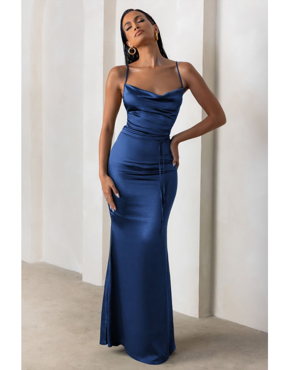 Lifetime | Navy Satin Cowl Neck Maxi Dress With Cross Back Detail - 3