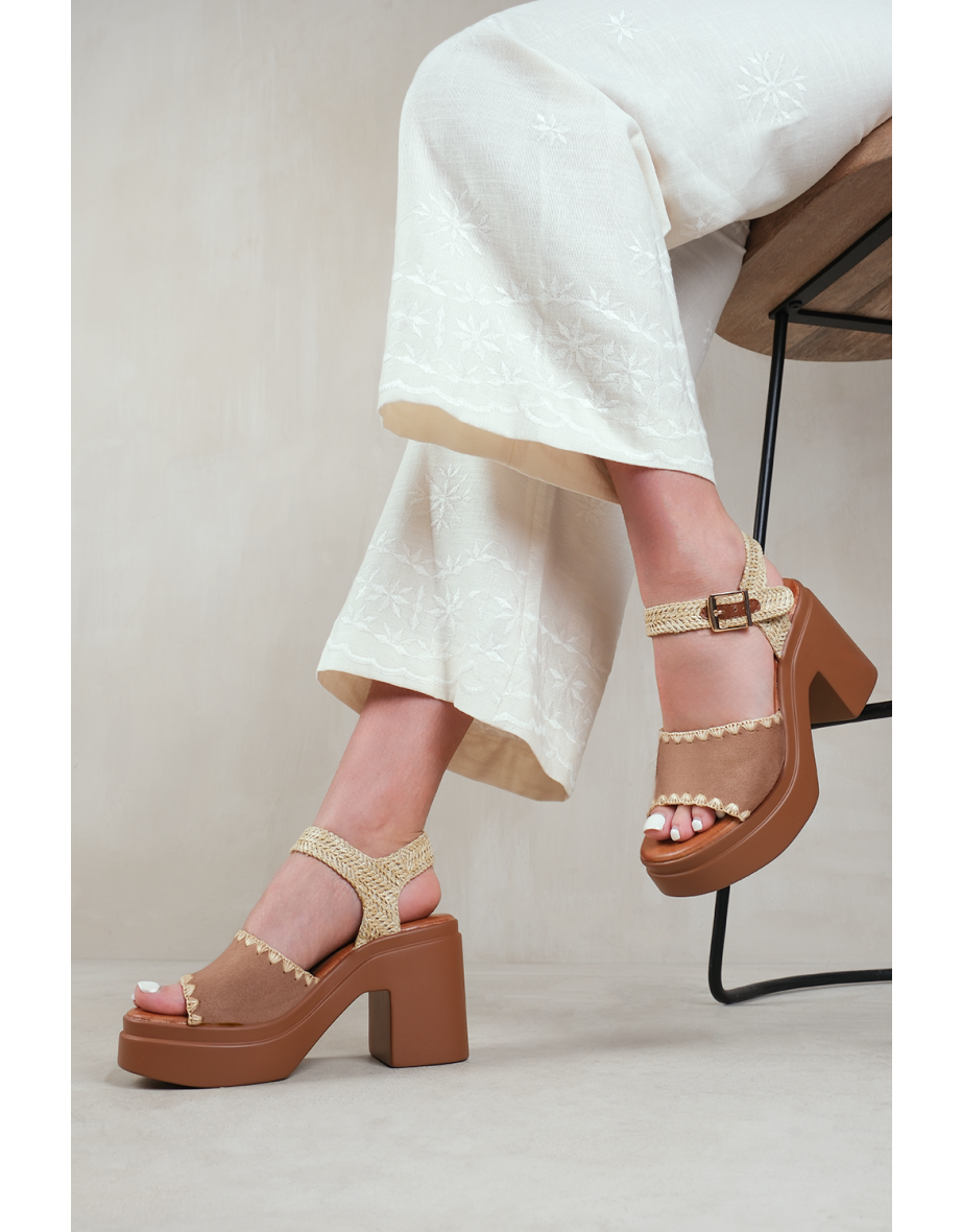 WILD CAT BLOCK HEEL SANDAL WITH DETAILING IN CAMEL SUEDE