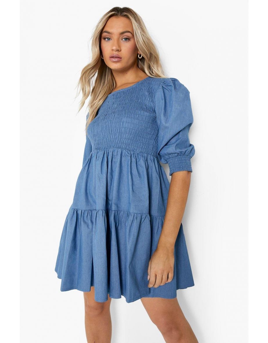 Shirred Puff Sleeve Chambray Smock Dress - mid blue - 3