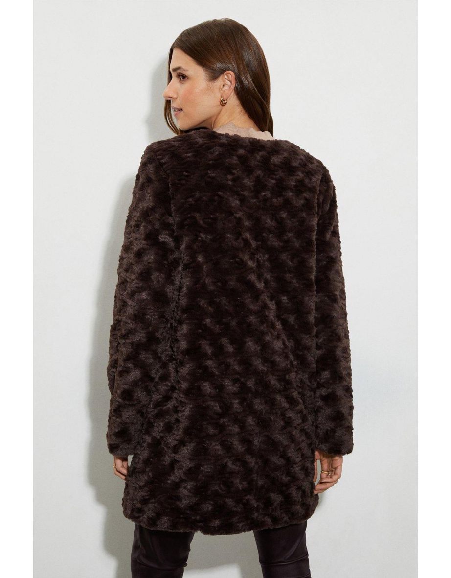 Collarless Textured Faux Fur Coat - 2