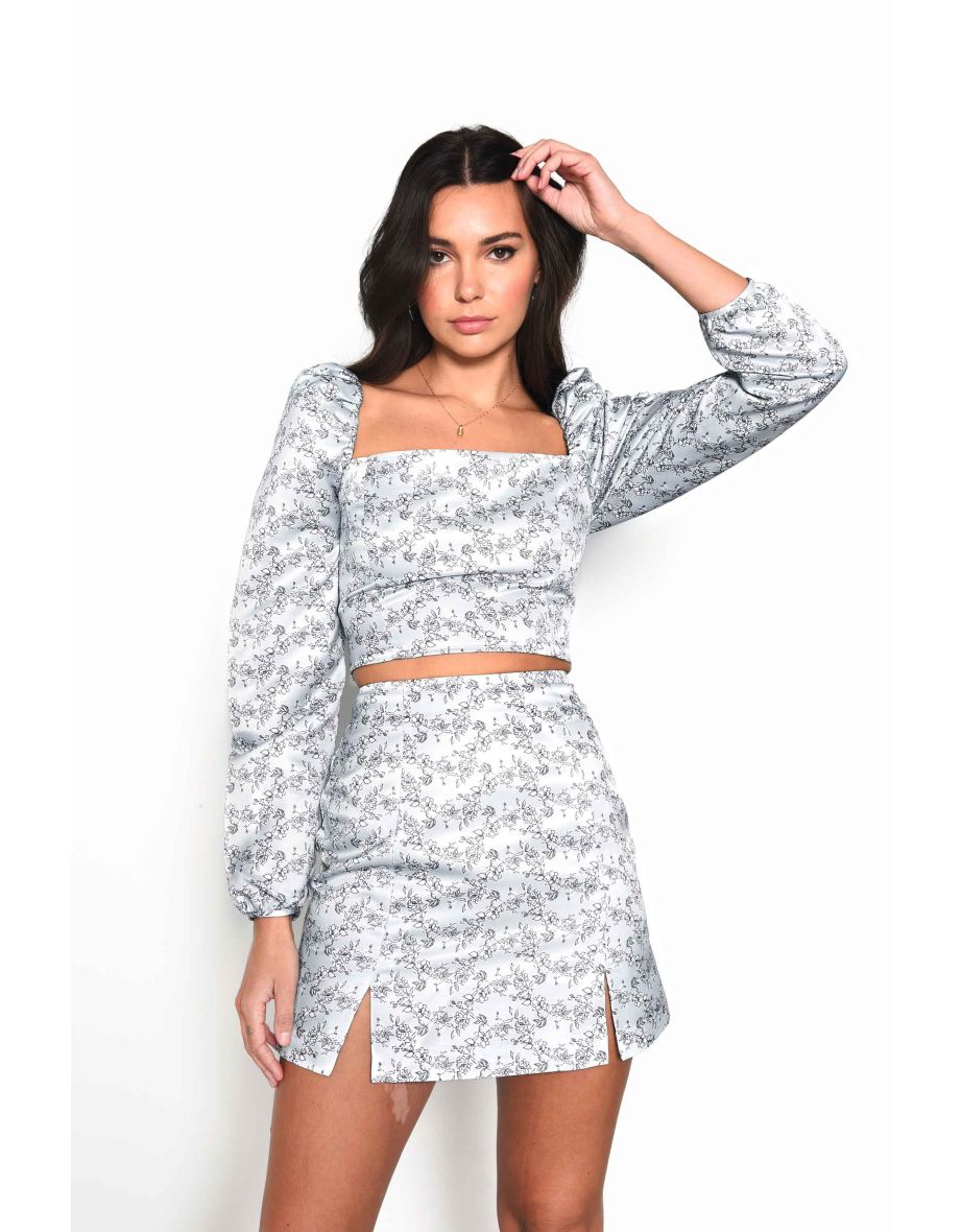 Glamorous Mint Floral Mini Skirt with Front Splits