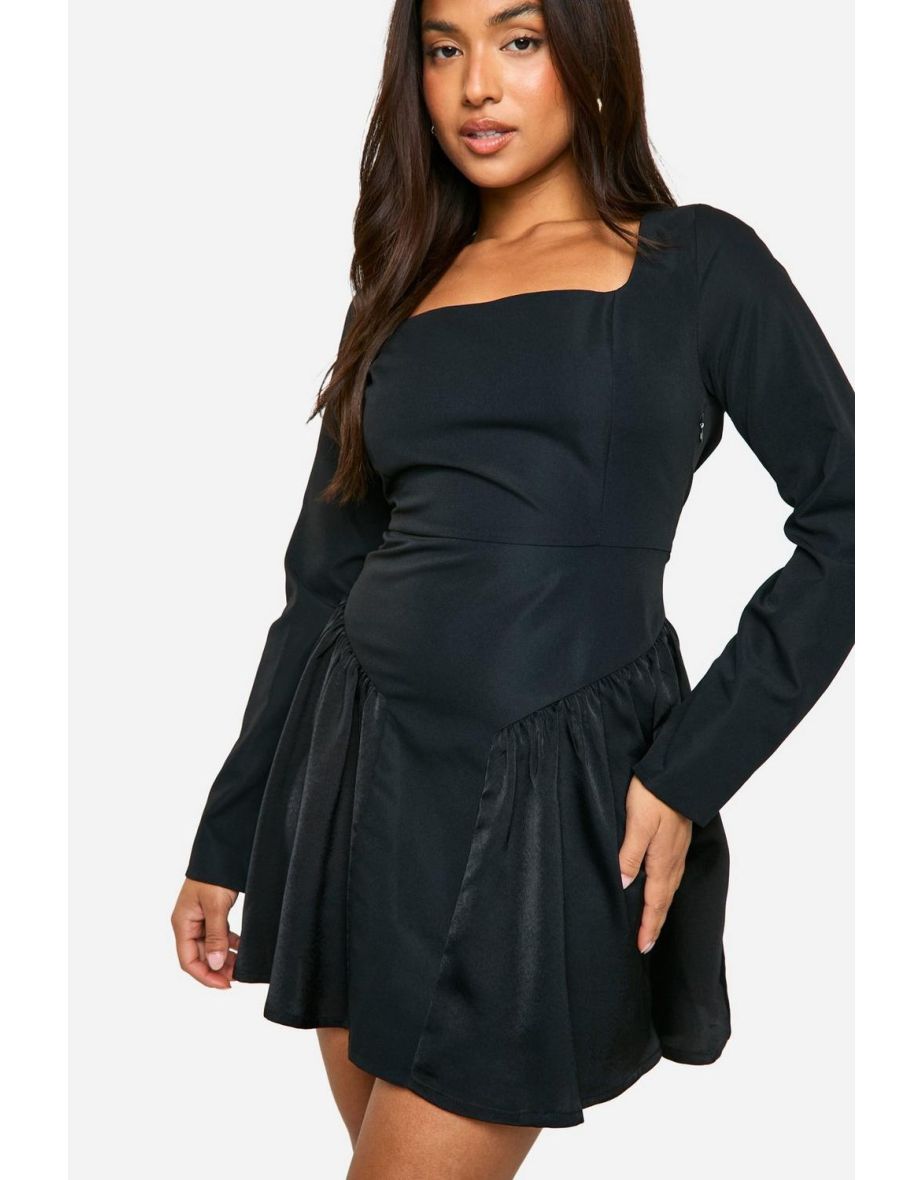 Petite Square Neck Drop Waist Skater Dress - black - 3