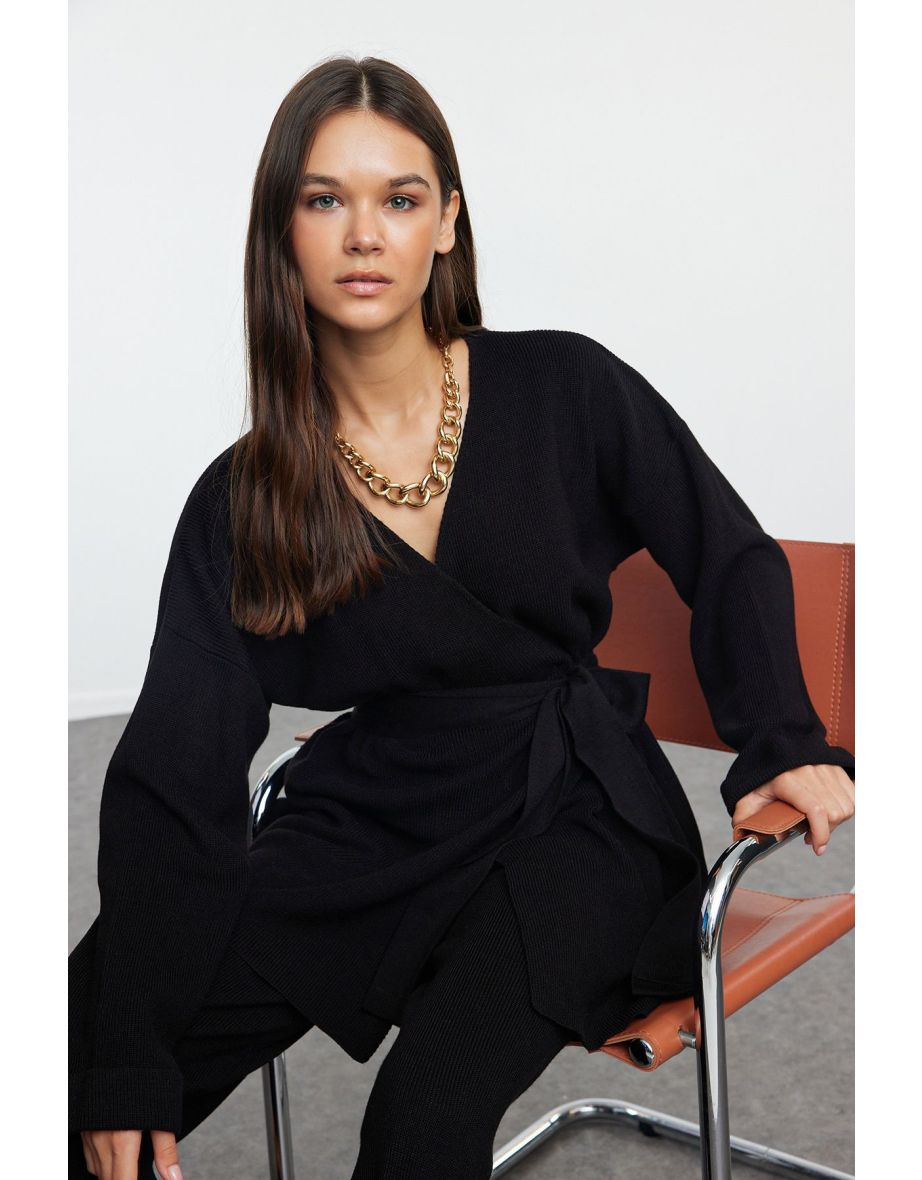 Black Midi Length Cardigan Knitwear Top-Top Set - 4