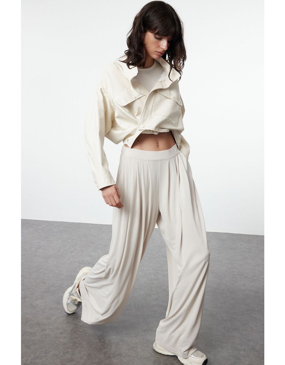 Stone Modal Soft Fabric Wide Leg Pleated Knitted Trousers