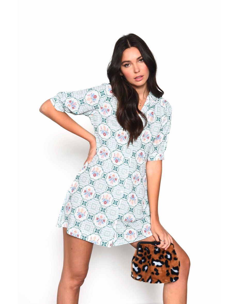 Glamorous Green Floral Button Down Mini Tea Dress with Collar