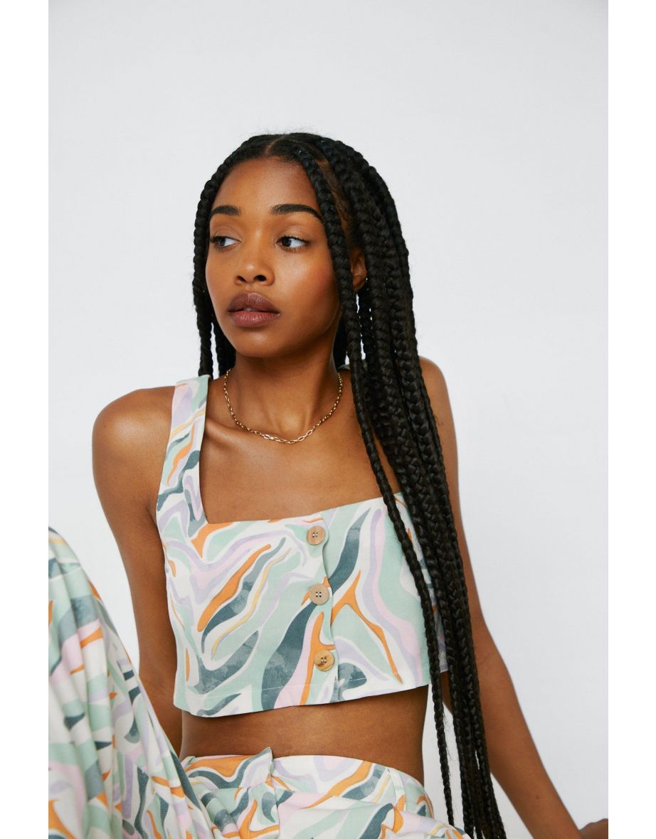 Marble Print Button Crop Top Co-ord
