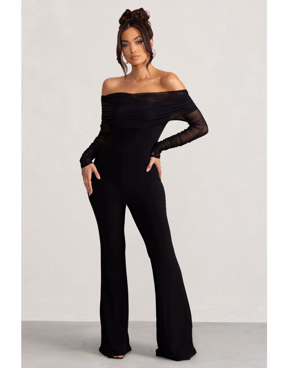 Black Ruched Mesh Bardot Jumpsuit