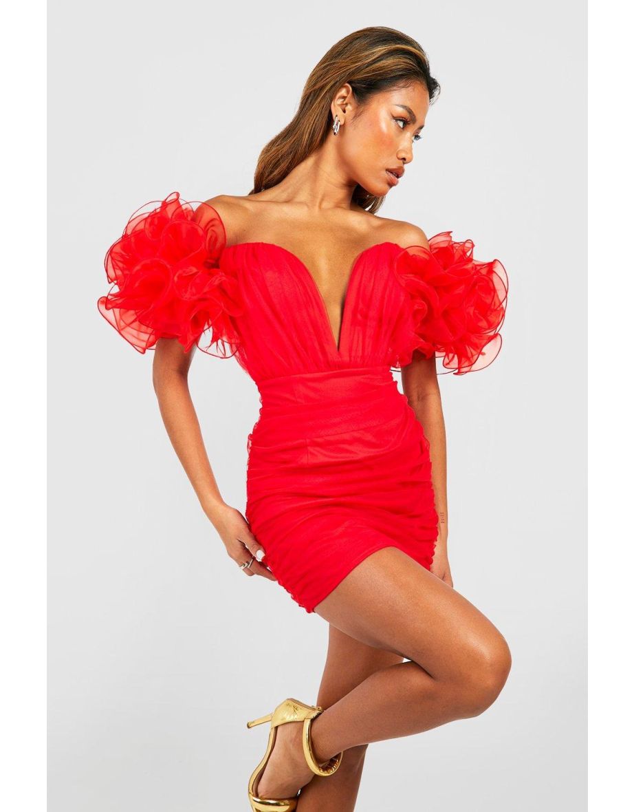 Boohoo angel sleeve ruched mini dress in red 2025