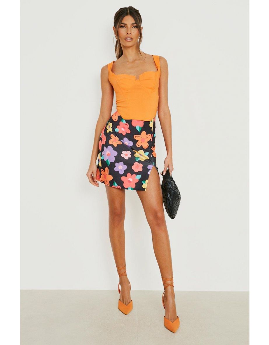 Floral Split Hem Mini Skirt - black