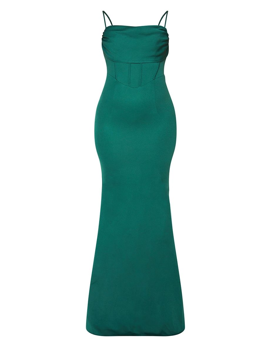 Emerald Green Corset Draped Strappy Bridesmaid Dress - 4