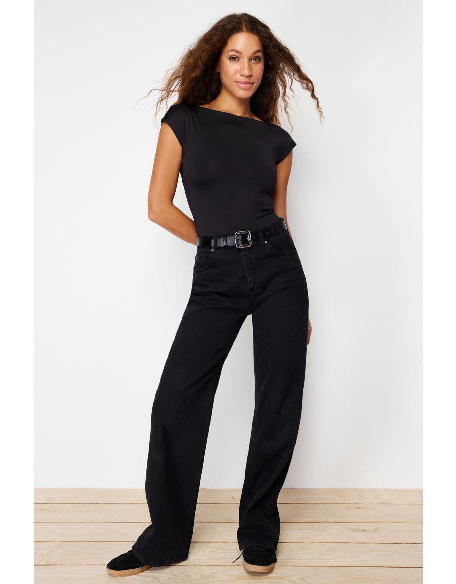 Black Fitted/Body-Sitting Boat Neck Flexible Snap Fastener Knitted Bodysuit