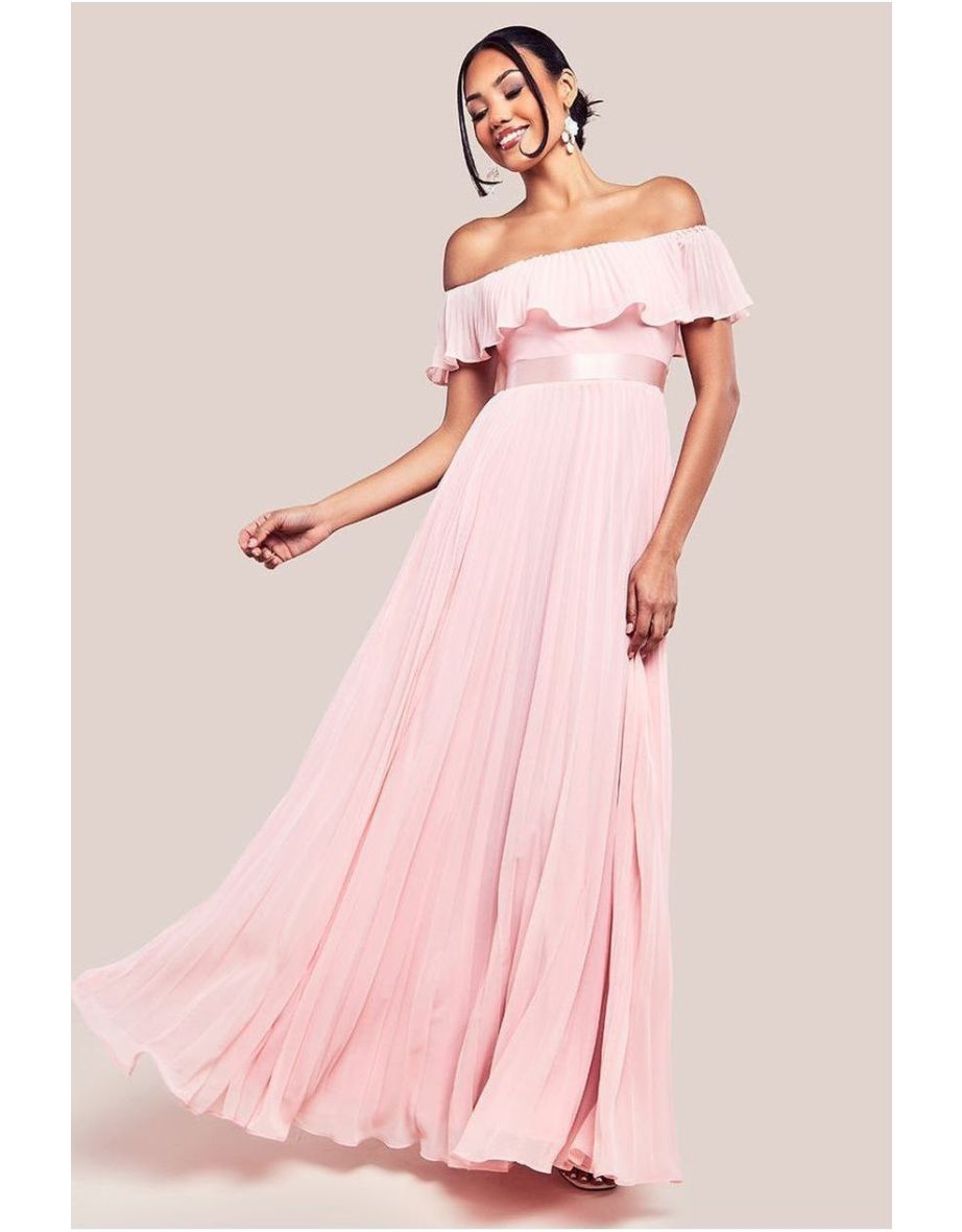 Goddiva Pleated Chiffon Off Shoulder Maxi Dress - Blush