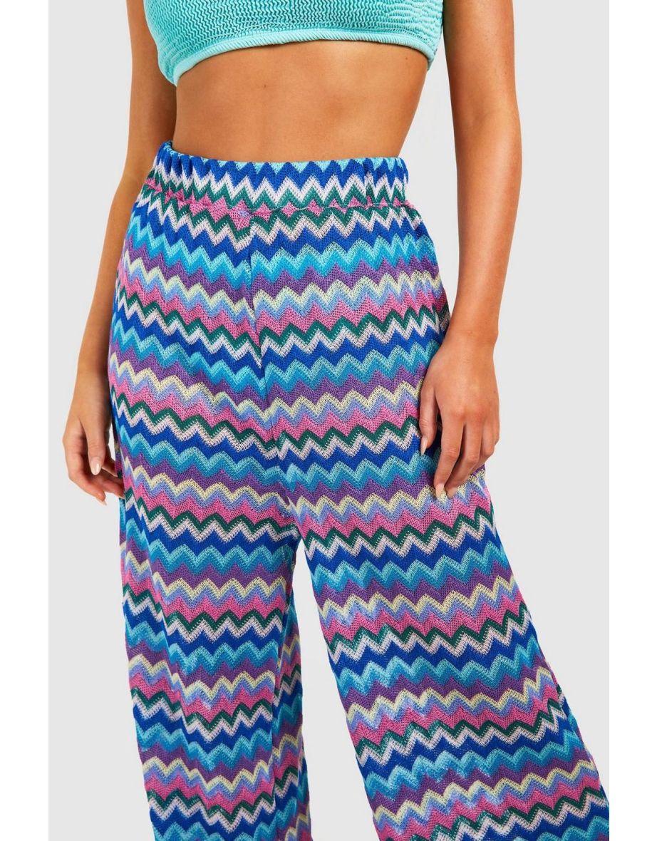 Zig Zag Knitted Wide Leg Beach Trousers - blue - 3