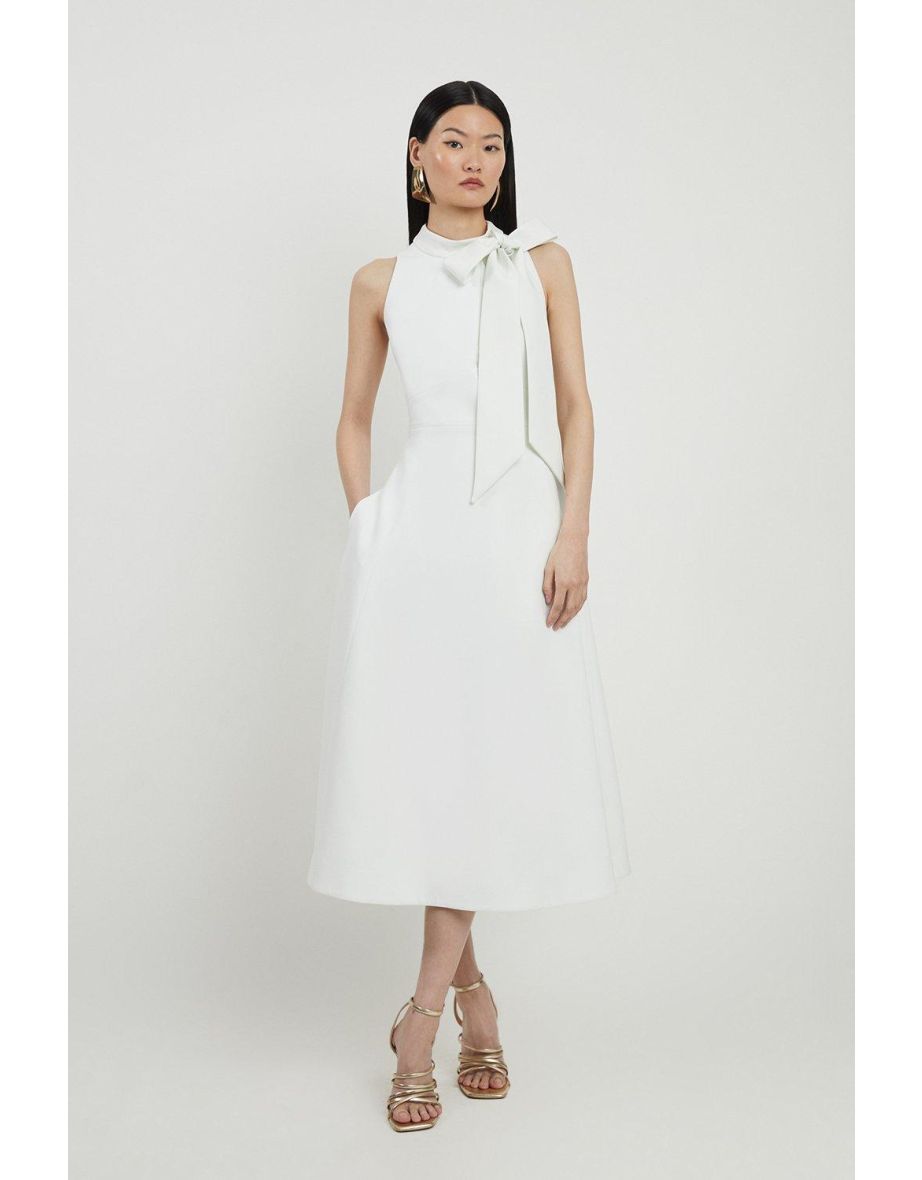 Compact Stretch Tie Neck Full Skirted Dress