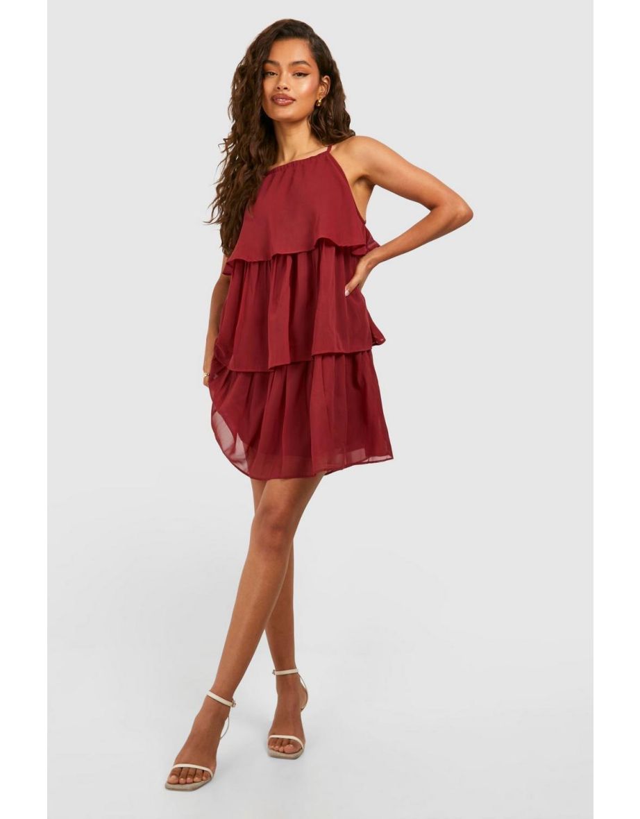 Chiffon Halterneck Tiered Mini Dress - red
